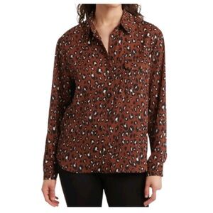 Pleione | Burnt Orange Leopard Print Button-Up Blouse Top